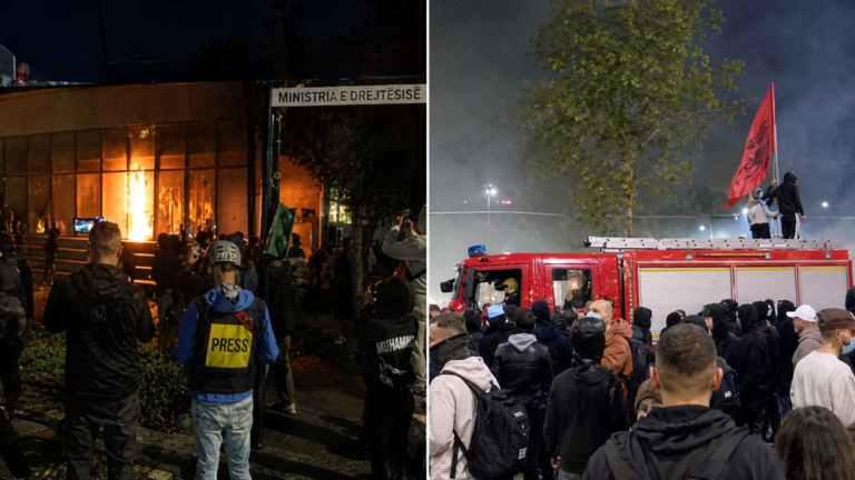 Protestuesit bllokojnë një makinë zjarrfikëse pranë Parlamentit, sulmohet me molotov Ministria e Drejtësisë