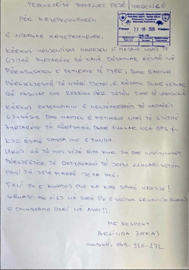 “Uroj të mos jepni llogari pasi të jetë marrë jeta ime” – letra tronditëse që Arlinda Zekaj ia dorëzoi Prokurorisë tri ditë para se të vritej